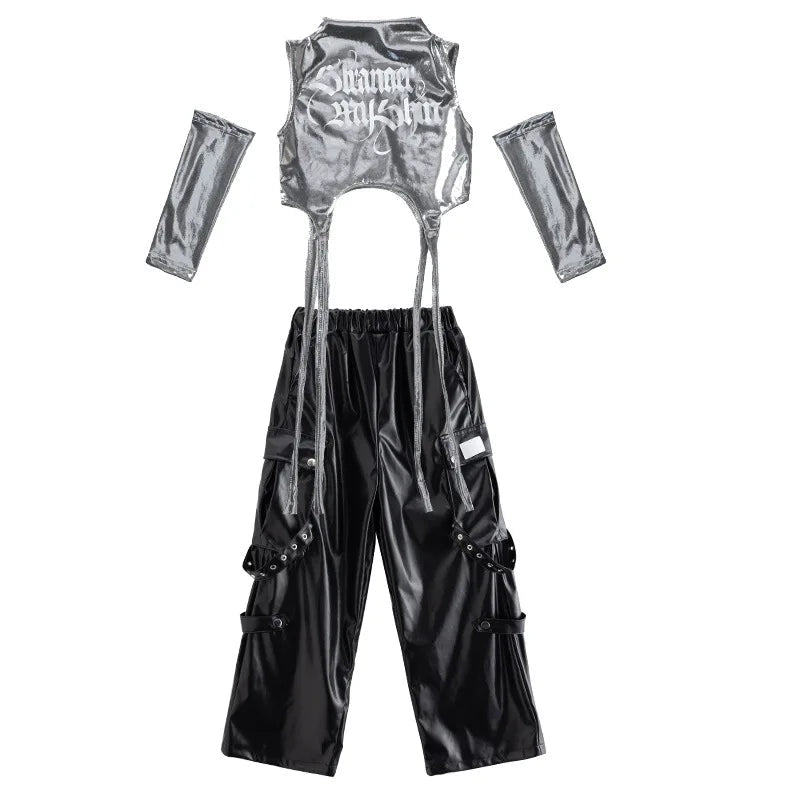 Girls Hip Hop Sets K-pop Silver Riband Crop Top Street Dance Leather Pants Kids Streetwear Child Jazz Costume Girl Group Clothes otakupop.store