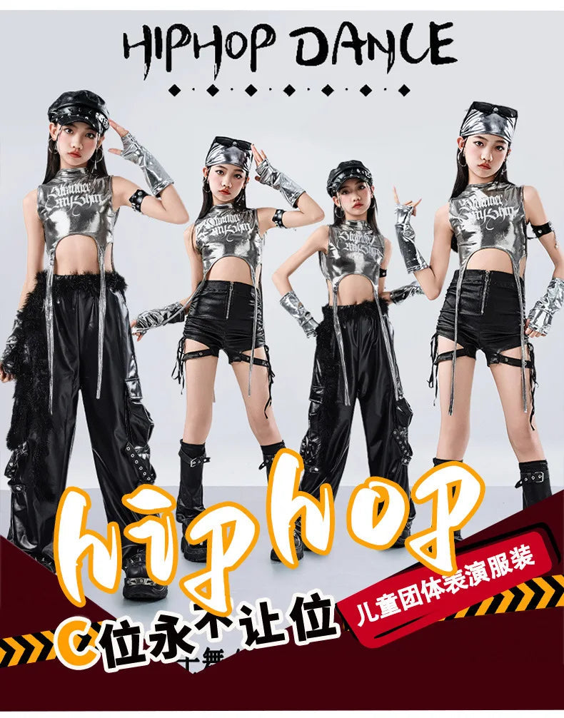 Girls Hip Hop Sets K-pop Silver Riband Crop Top Street Dance Leather Pants Kids Streetwear Child Jazz Costume Girl Group Clothes otakupop.store