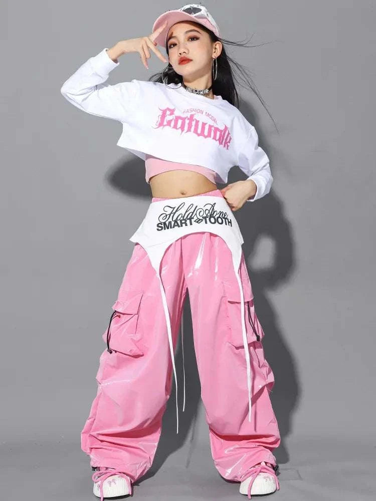 Jazz Dance Clothes For Girls Kpop Outfit Hip Hop Performance Wear Pink Shuffle Pants Kid Street Dance Show Fashion Suit New otakupop.store
