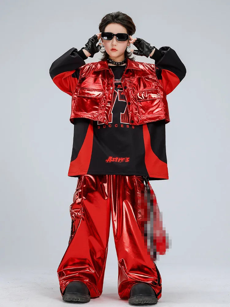 Boys Hip Hop Sweatshirt Shiny Vest Street Dance Cargo Pants Girls K-pop Clothes Set Kid Hip Hop Jazz Costume Children Streetwear otakupop.store