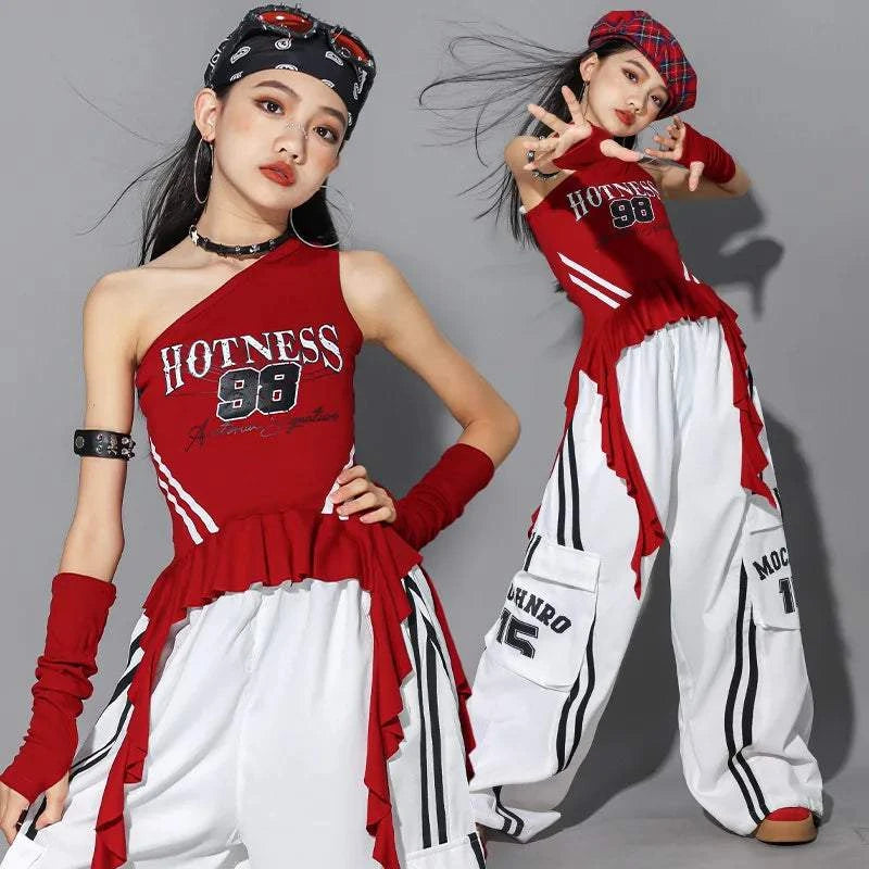 Hip Hop Girls One-shoulder Crop Top ‌Balloon Skirt Cargo Pants Children Streetwear Girl Group Costumes Kids K-pop Clothes Sets otakupop.store