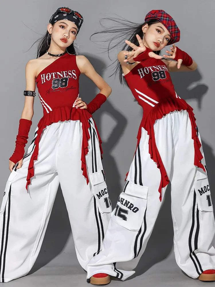 Hip Hop Girls One-shoulder Crop Top ‌Balloon Skirt Cargo Pants Children Streetwear Girl Group Costumes Kids K-pop Clothes Sets otakupop.store
