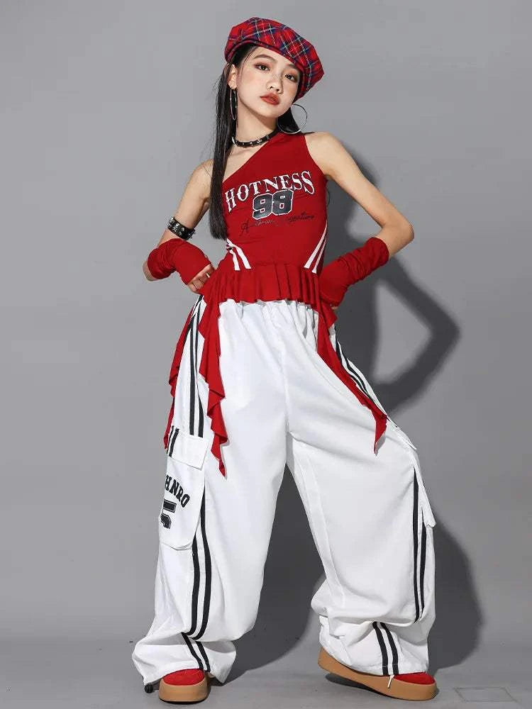 Hip Hop Girls One-shoulder Crop Top ‌Balloon Skirt Cargo Pants Children Streetwear Girl Group Costumes Kids K-pop Clothes Sets otakupop.store