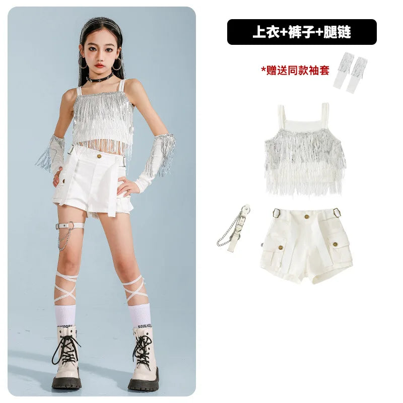 Hip Hop Clothing Girl Crop Sequined T-shirts Girls White Pants K-pop Hot Shorts Kids Streetwear Child Jazz Dance Clothes Set otakupop.store