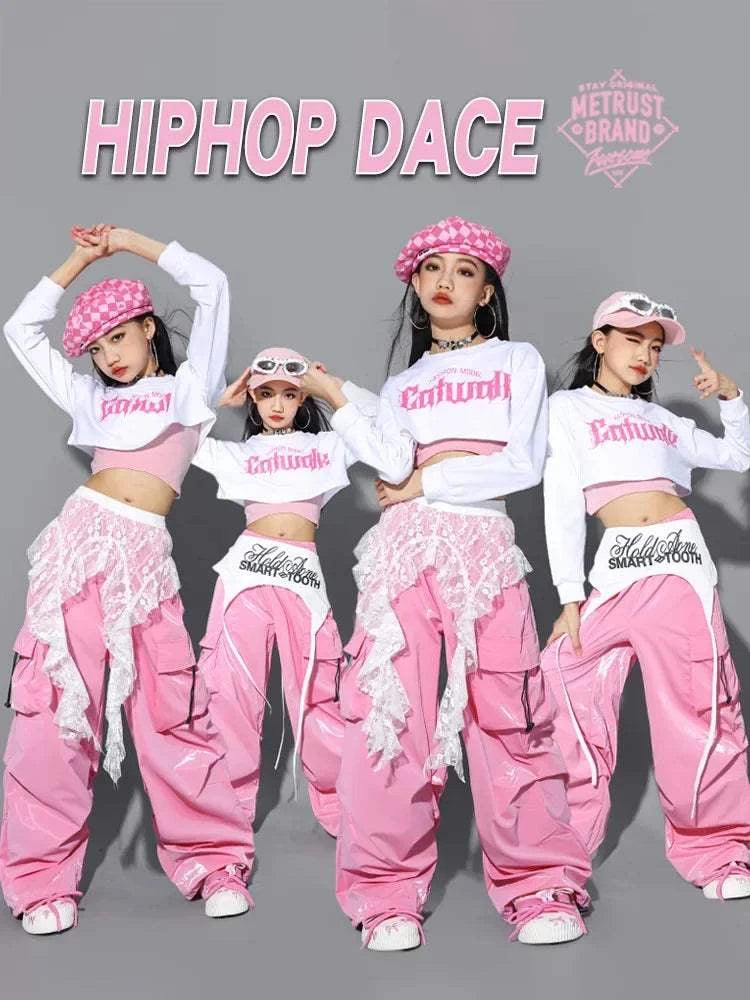 Jazz Dance Clothes For Girls Kpop Outfit Hip Hop Performance Wear Pink Shuffle Pants Kid Street Dance Show Fashion Suit New otakupop.store