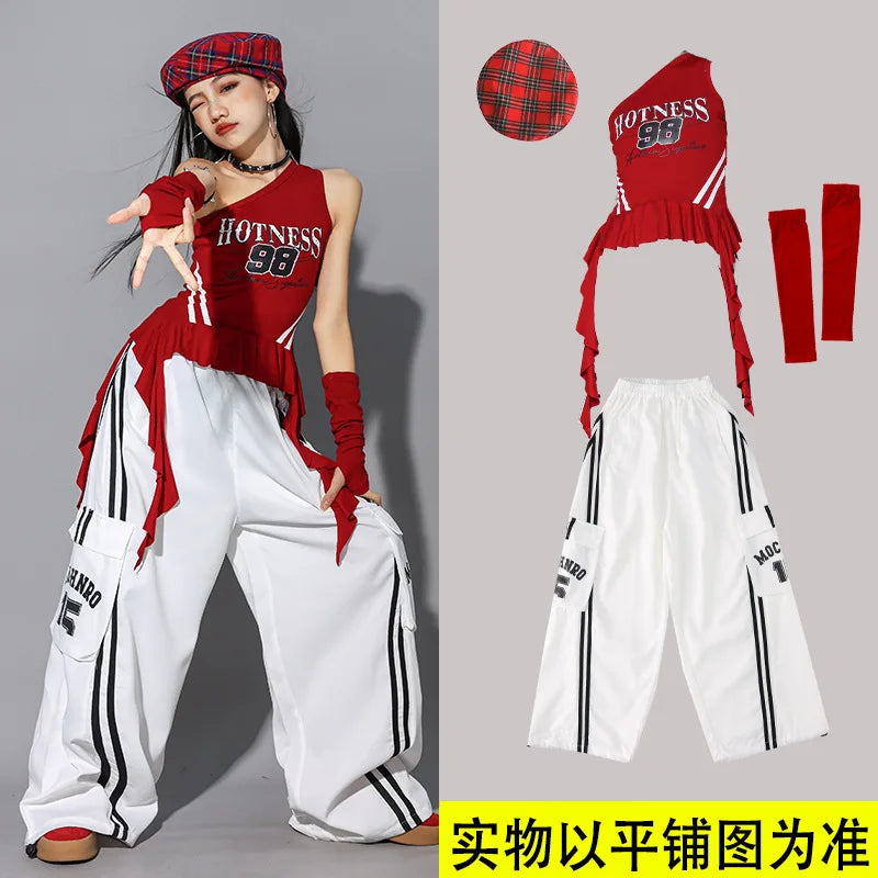 Hip Hop Girls One-shoulder Crop Top ‌Balloon Skirt Cargo Pants Children Streetwear Girl Group Costumes Kids K-pop Clothes Sets otakupop.store