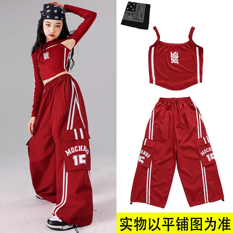 Girls K-pop Crop Top Joggers Cargo Pants Children Hip Hop Streetwear Girl Group Clothes Sets Kids Street Dance Jazz Costumes otakupop.store