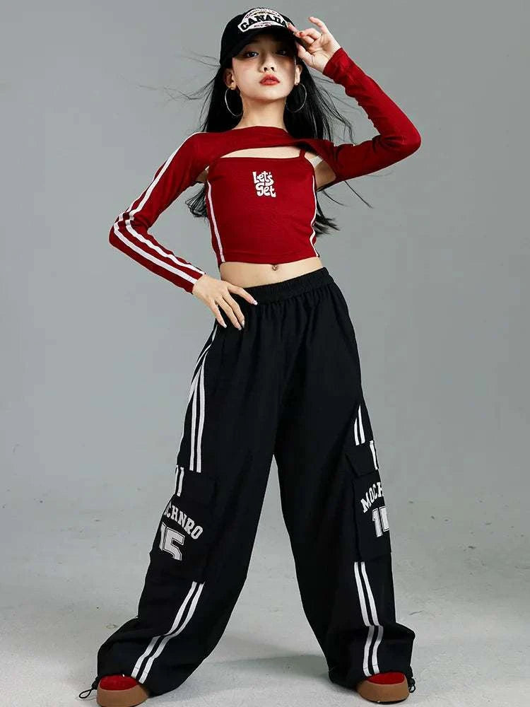 Girls K-pop Crop Top Joggers Cargo Pants Children Hip Hop Streetwear Girl Group Clothes Sets Kids Street Dance Jazz Costumes otakupop.store