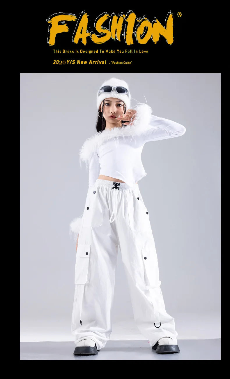 Girls Jazz Dance Performance Suit Kids Hip Hop Stage Wear Kpop Fashion Clothes White Coat Jacket White Pants Steetwear otakupop.store
