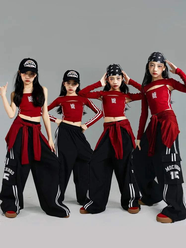 Girls K-pop Crop Top Joggers Cargo Pants Children Hip Hop Streetwear Girl Group Clothes Sets Kids Street Dance Jazz Costumes otakupop.store