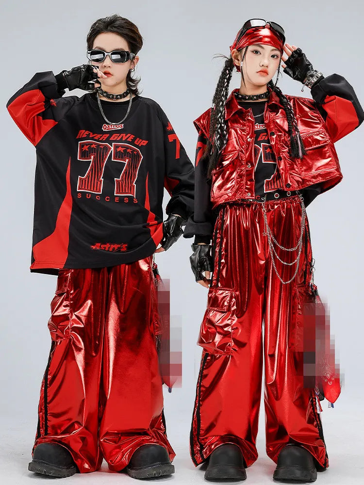 Boys Hip Hop Sweatshirt Shiny Vest Street Dance Cargo Pants Girls K-pop Clothes Set Kid Hip Hop Jazz Costume Children Streetwear otakupop.store