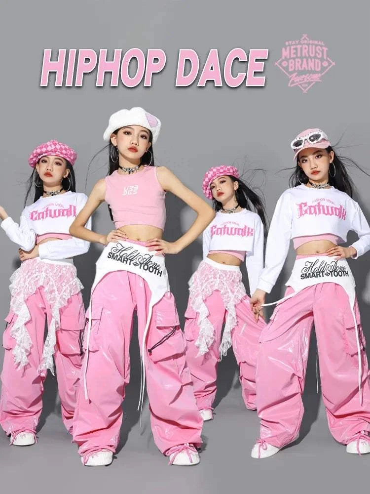Jazz Dance Clothes For Girls Kpop Outfit Hip Hop Performance Wear Pink Shuffle Pants Kid Street Dance Show Fashion Suit New otakupop.store