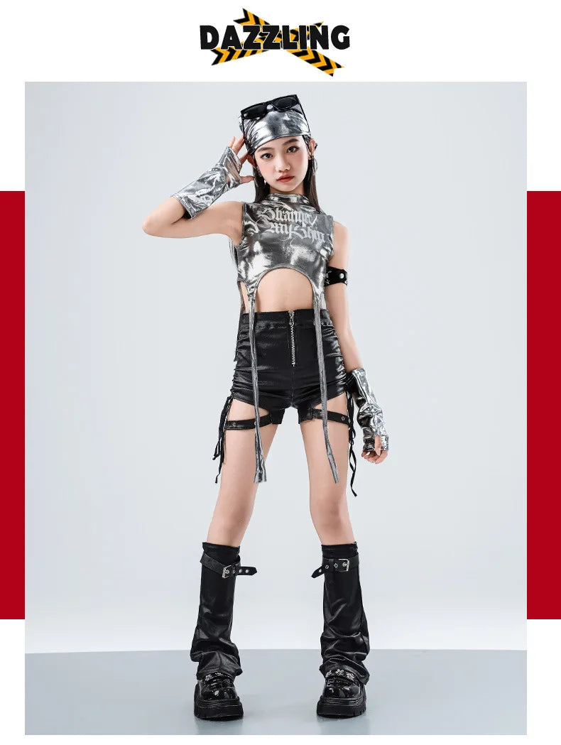 Girls Hip Hop Sets K-pop Silver Riband Crop Top Street Dance Leather Pants Kids Streetwear Child Jazz Costume Girl Group Clothes otakupop.store