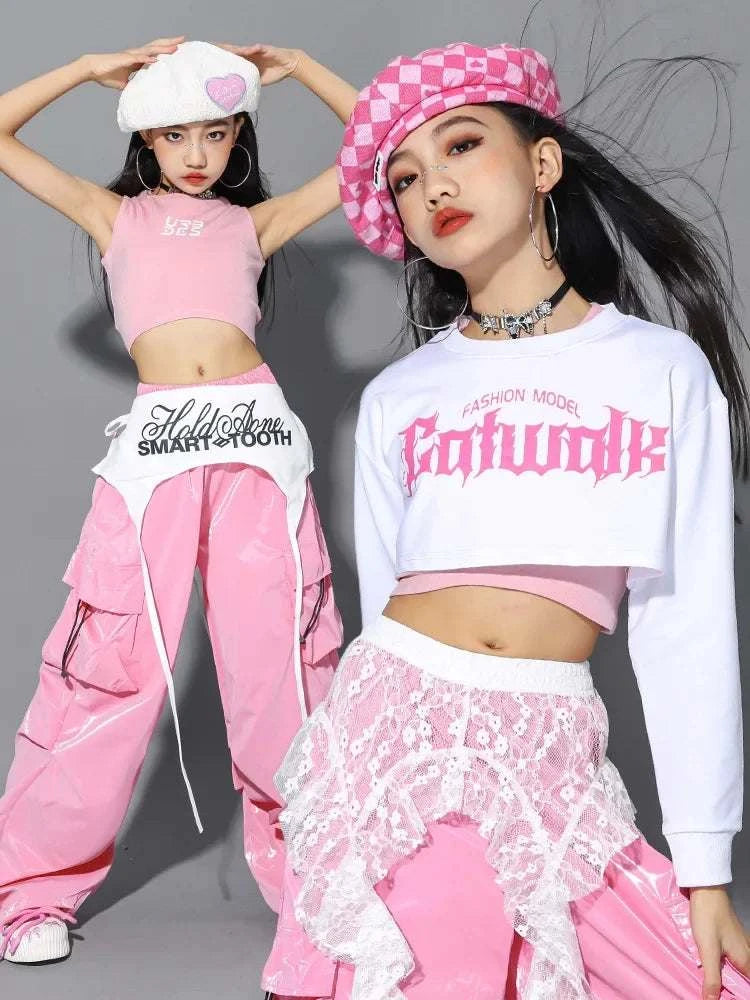 Jazz Dance Clothes For Girls Kpop Outfit Hip Hop Performance Wear Pink Shuffle Pants Kid Street Dance Show Fashion Suit New otakupop.store