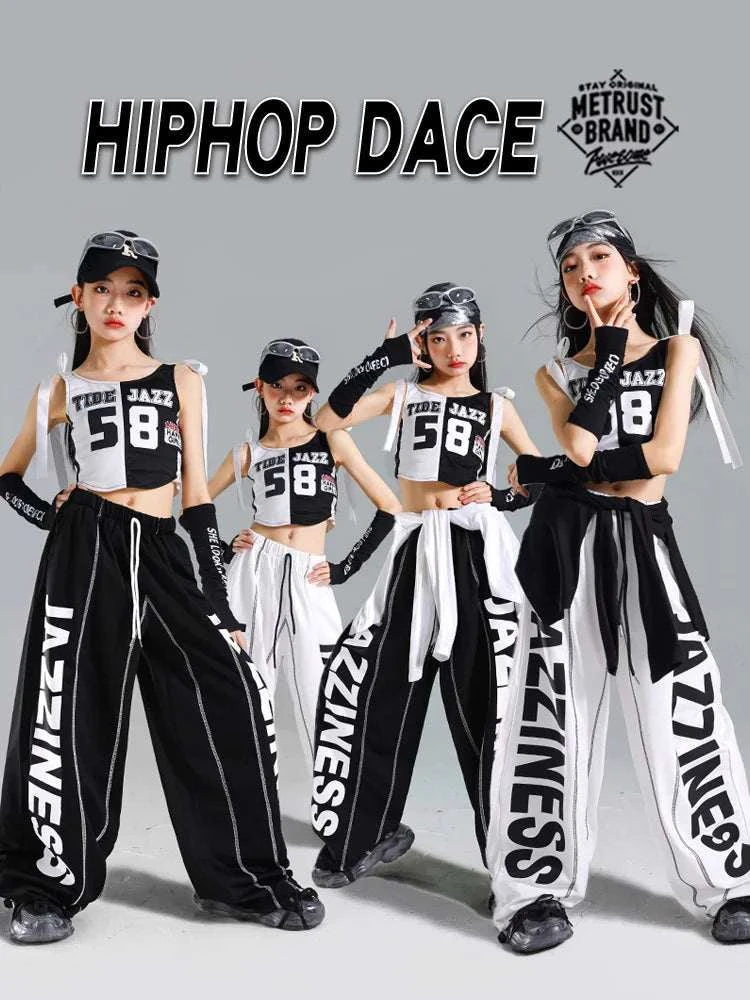 Hip Hop Girls One-shoulder Crop Top ‌Balloon Skirt Cargo Pants Children Streetwear Girl Group Costumes Kids K-pop Clothes Sets otakupop.store