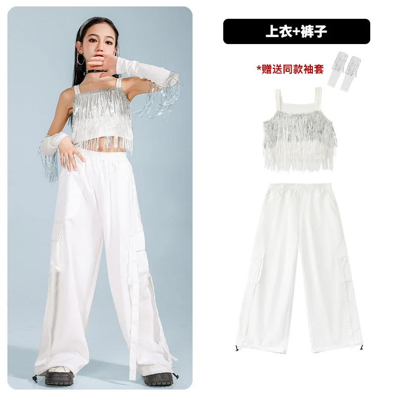 Hip Hop Clothing Girl Crop Sequined T-shirts Girls White Pants K-pop Hot Shorts Kids Streetwear Child Jazz Dance Clothes Set otakupop.store