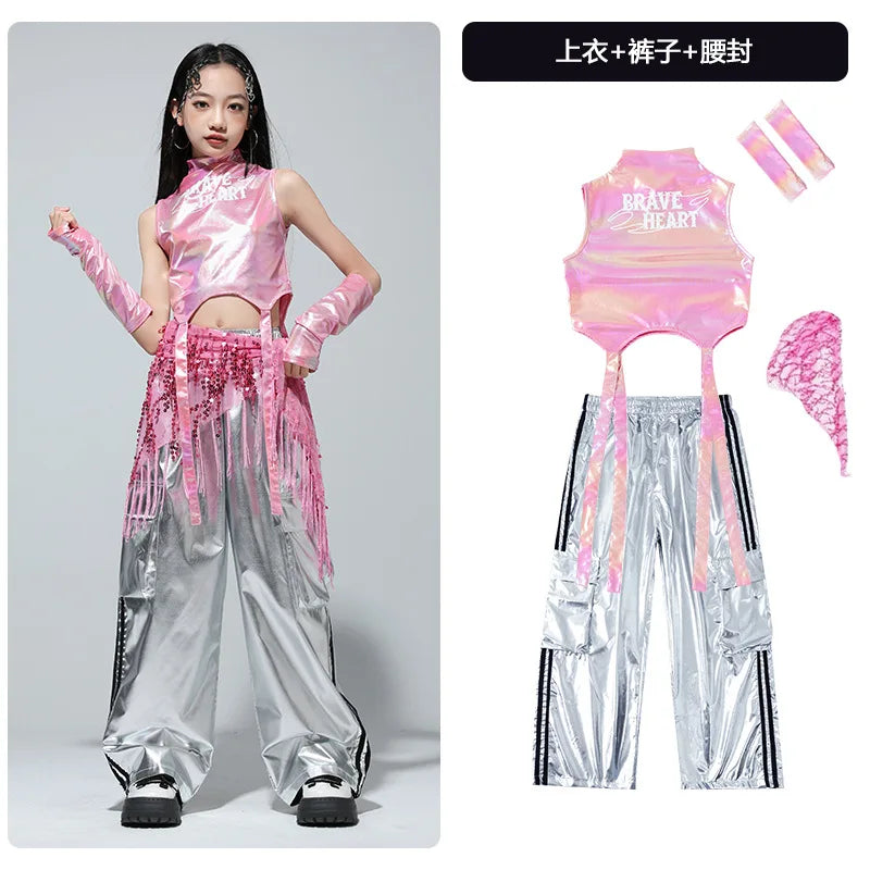 Kids Street Dance Jazz Performance Costumes Girls Hip Hop Clothes Fashion Catwalk Stage Shiny Sleeveless Crop Top Long Pant Suit otakupop.store