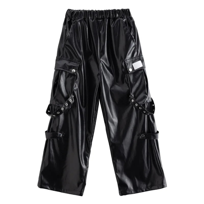 Girls Hip Hop Sets K-pop Silver Riband Crop Top Street Dance Leather Pants Kids Streetwear Child Jazz Costume Girl Group Clothes otakupop.store