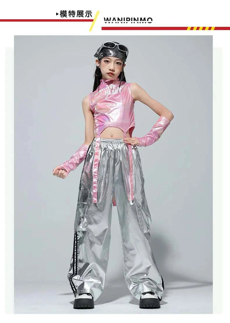 Kids Street Dance Jazz Performance Costumes Girls Hip Hop Clothes Fashion Catwalk Stage Shiny Sleeveless Crop Top Long Pant Suit otakupop.store