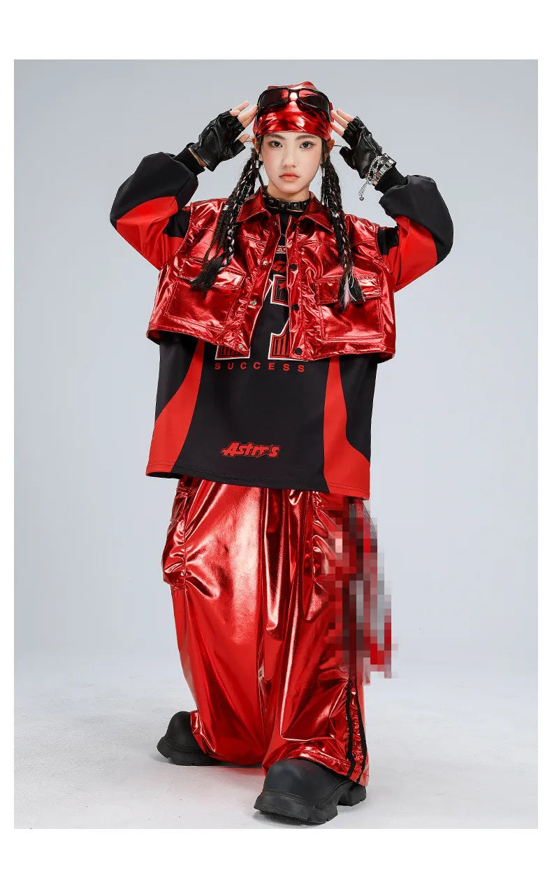Boys Hip Hop Sweatshirt Shiny Vest Street Dance Cargo Pants Girls K-pop Clothes Set Kid Hip Hop Jazz Costume Children Streetwear otakupop.store