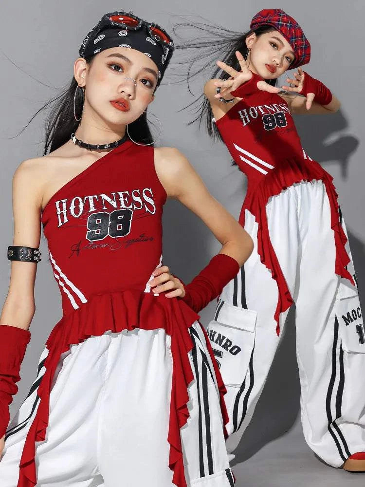 Hip Hop Girls One-shoulder Crop Top ‌Balloon Skirt Cargo Pants Children Streetwear Girl Group Costumes Kids K-pop Clothes Sets otakupop.store