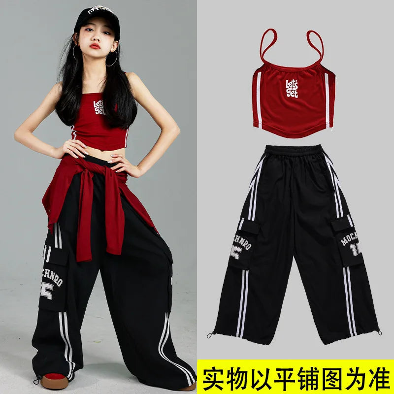 Girls K-pop Crop Top Joggers Cargo Pants Children Hip Hop Streetwear Girl Group Clothes Sets Kids Street Dance Jazz Costumes otakupop.store