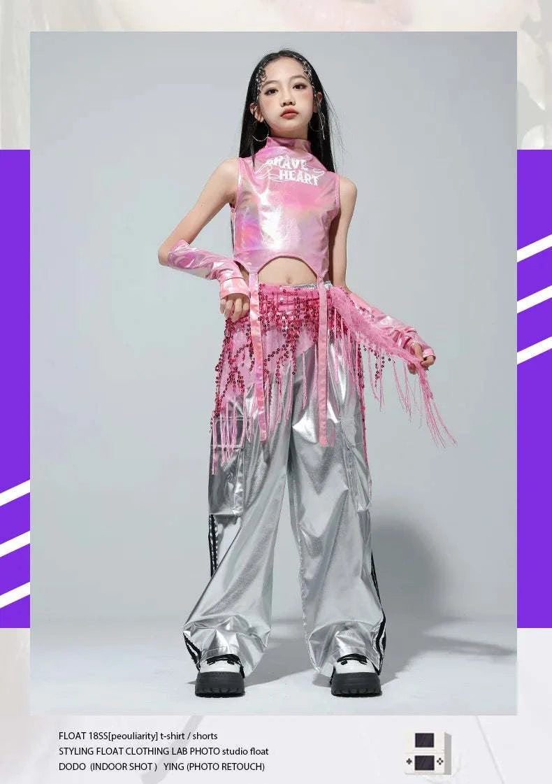 Kids Street Dance Jazz Performance Costumes Girls Hip Hop Clothes Fashion Catwalk Stage Shiny Sleeveless Crop Top Long Pant Suit otakupop.store