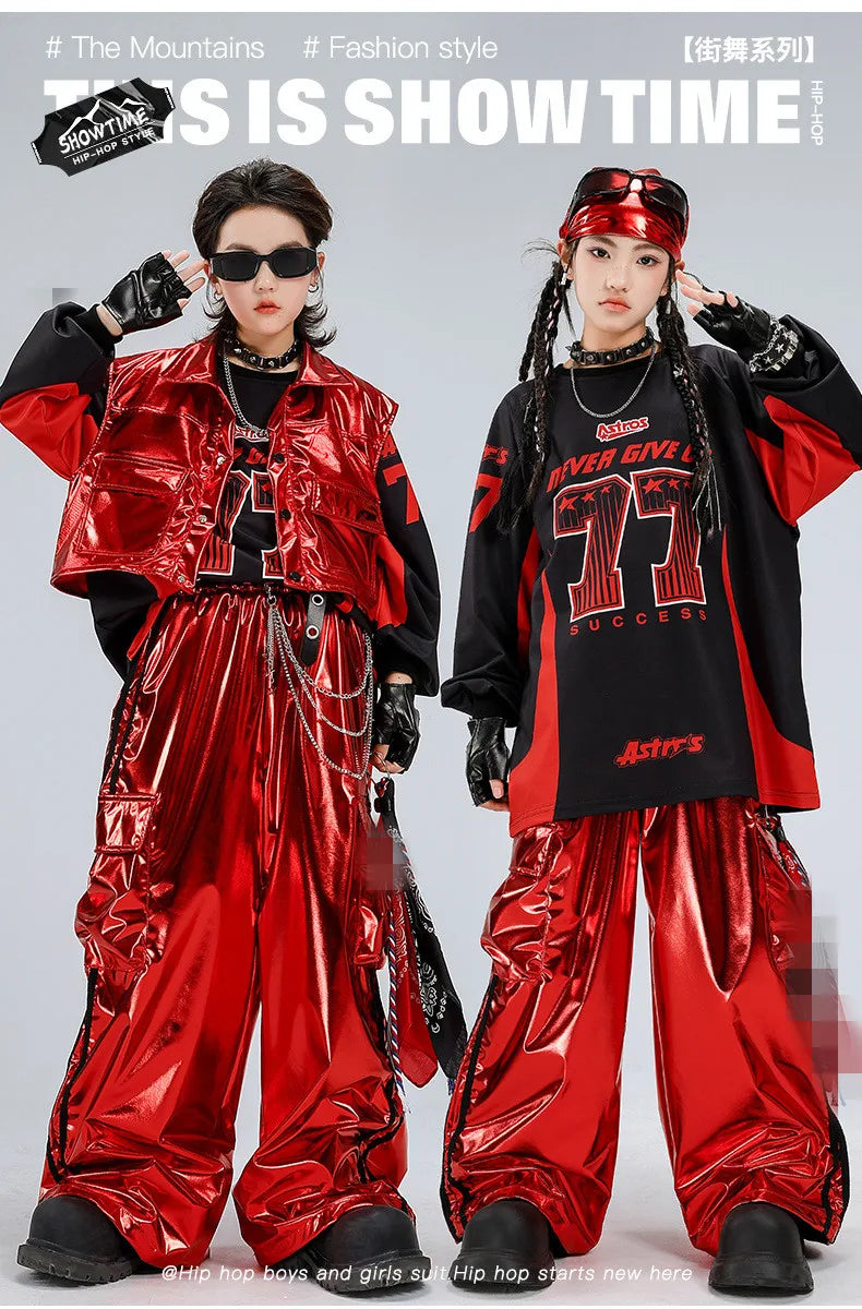 Boys Hip Hop Sweatshirt Shiny Vest Street Dance Cargo Pants Girls K-pop Clothes Set Kid Hip Hop Jazz Costume Children Streetwear otakupop.store