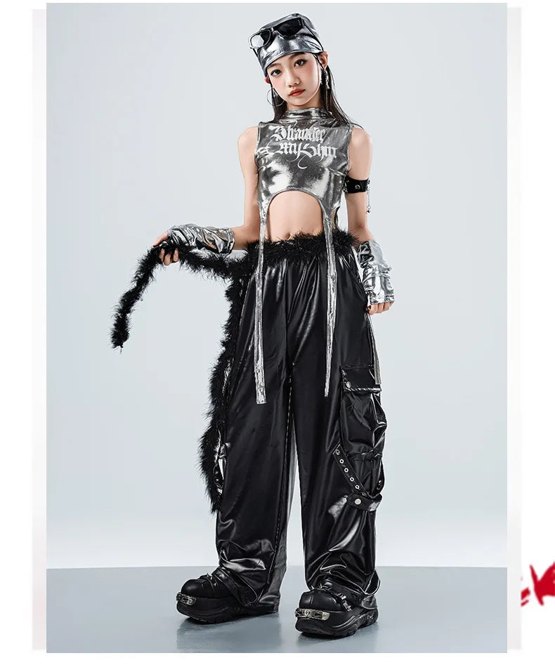 Girls Hip Hop Sets K-pop Silver Riband Crop Top Street Dance Leather Pants Kids Streetwear Child Jazz Costume Girl Group Clothes otakupop.store