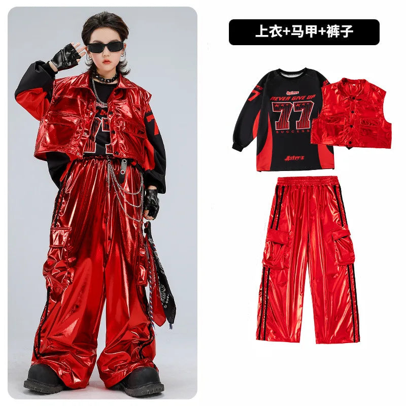 Boys Hip Hop Sweatshirt Shiny Vest Street Dance Cargo Pants Girls K-pop Clothes Set Kid Hip Hop Jazz Costume Children Streetwear otakupop.store