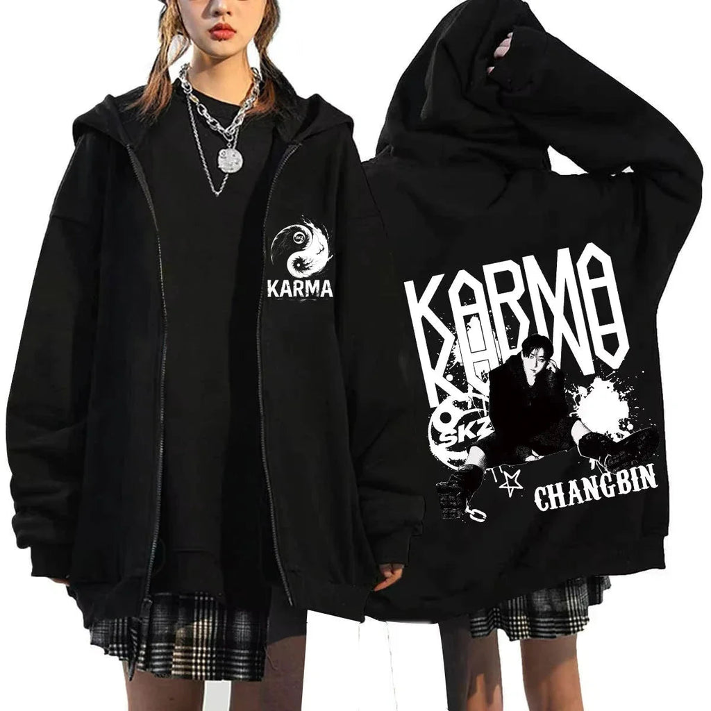 KPOP The 4th Album KARMA FELIX HAN BANGCHAN CHANGBIN HYUNJIN SEUNGMIN LEE KNOW Zip Up Women/Men Hoodie Sweatshirt Couple Clothes otakupop.store