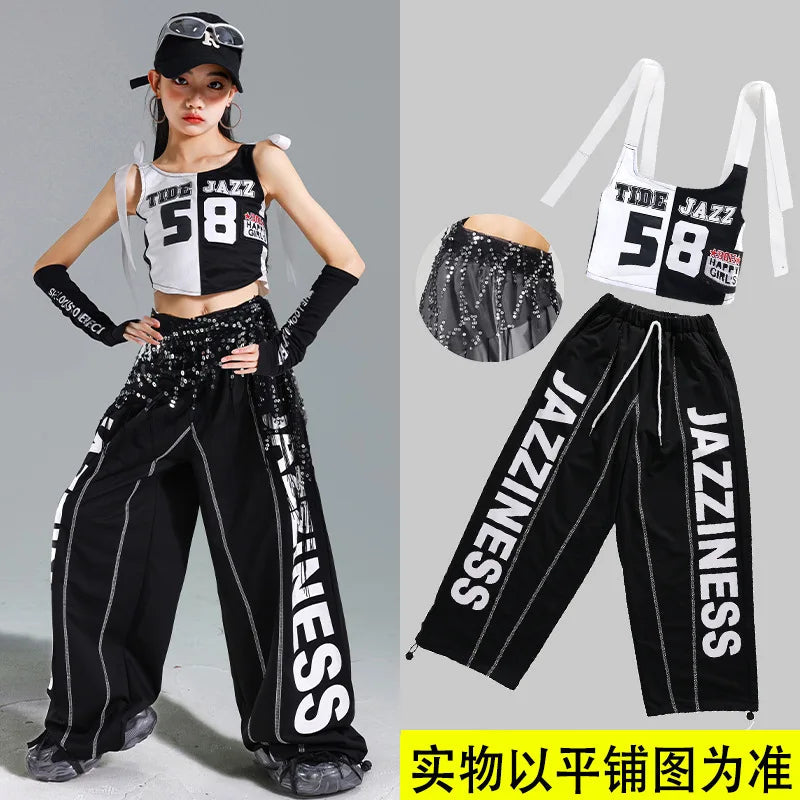 Hip Hop Girls One-shoulder Crop Top ‌Balloon Skirt Cargo Pants Children Streetwear Girl Group Costumes Kids K-pop Clothes Sets otakupop.store
