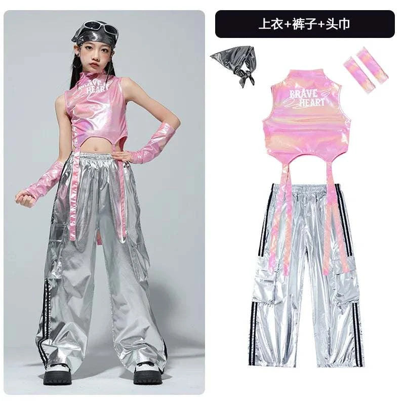 Kids Street Dance Jazz Performance Costumes Girls Hip Hop Clothes Fashion Catwalk Stage Shiny Sleeveless Crop Top Long Pant Suit otakupop.store