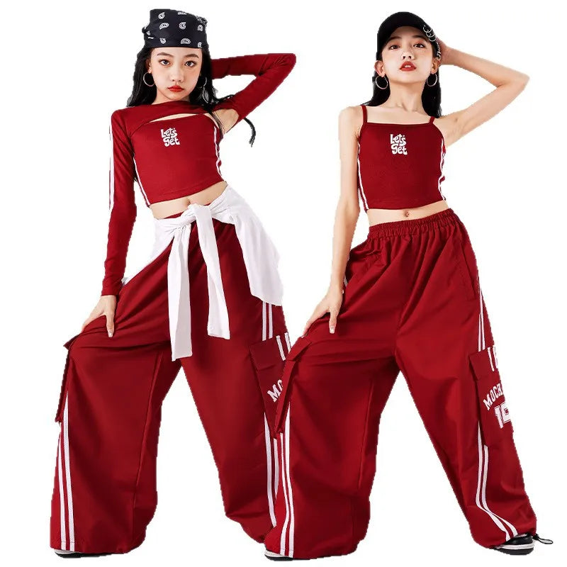 Girls K-pop Crop Top Joggers Cargo Pants Children Hip Hop Streetwear Girl Group Clothes Sets Kids Street Dance Jazz Costumes otakupop.store