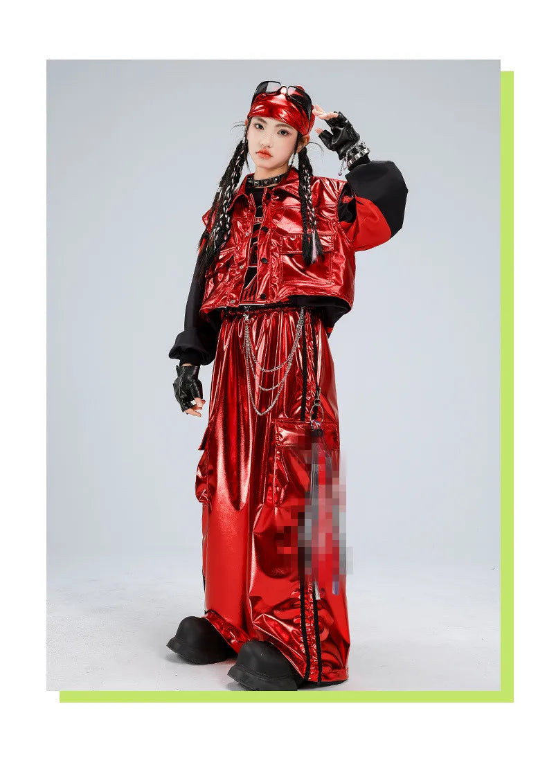 Boys Hip Hop Sweatshirt Shiny Vest Street Dance Cargo Pants Girls K-pop Clothes Set Kid Hip Hop Jazz Costume Children Streetwear otakupop.store