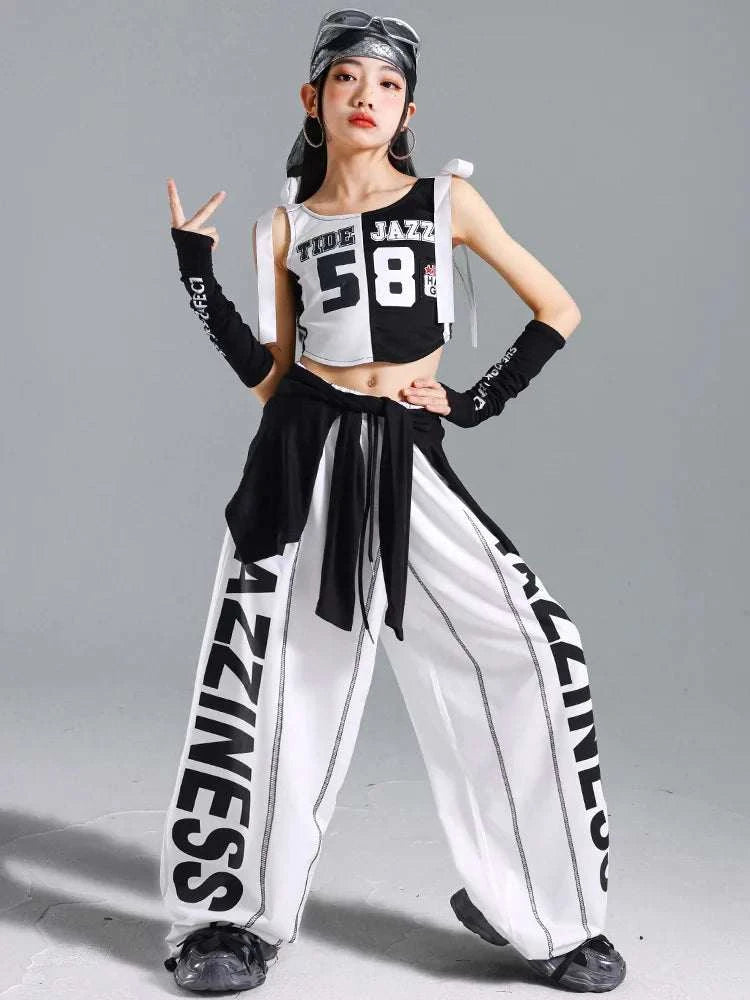 Hip Hop Girls One-shoulder Crop Top ‌Balloon Skirt Cargo Pants Children Streetwear Girl Group Costumes Kids K-pop Clothes Sets otakupop.store