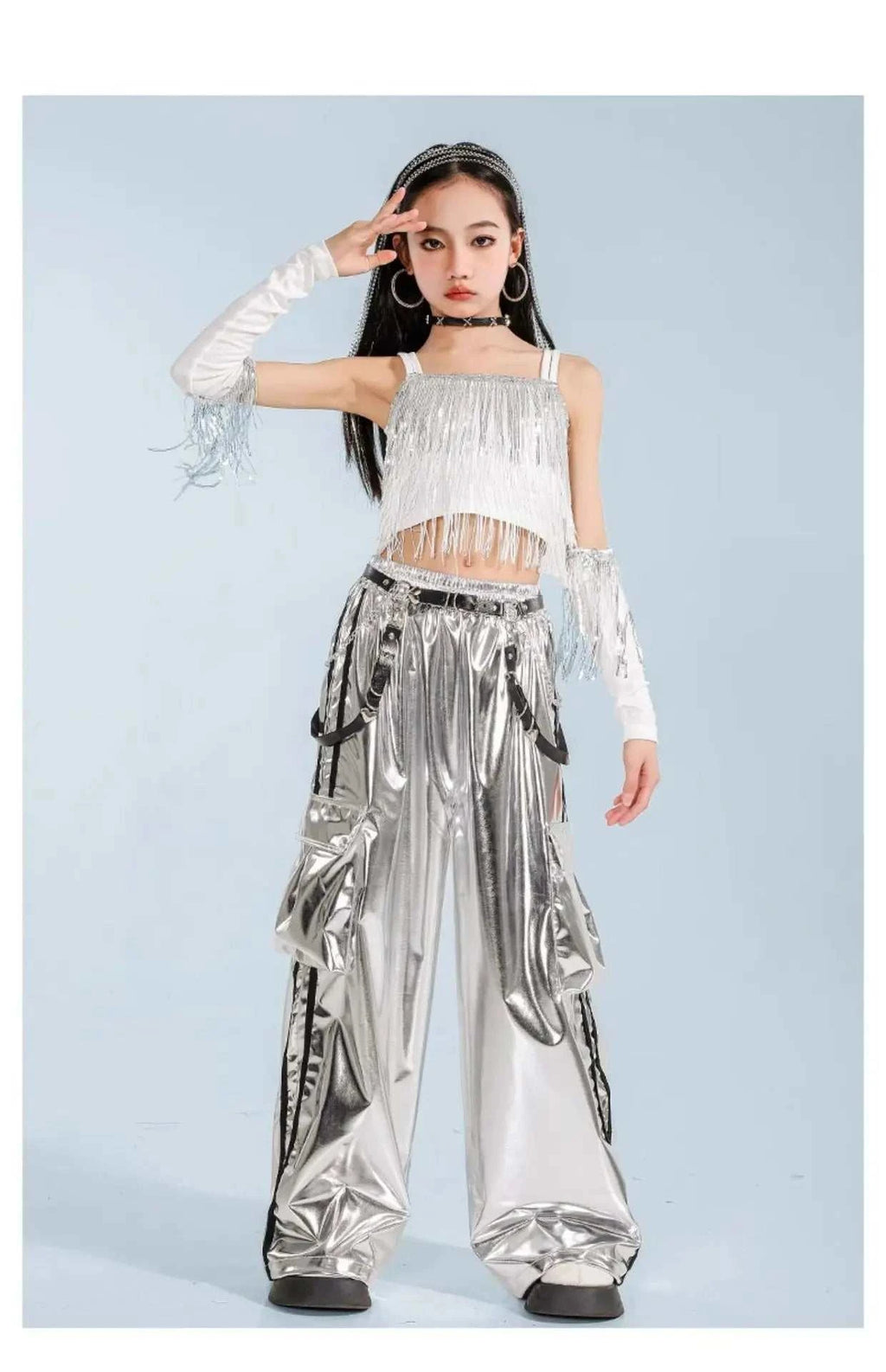 Hip Hop Clothing Girl Crop Sequined T-shirts Girls White Pants K-pop Hot Shorts Kids Streetwear Child Jazz Dance Clothes Set otakupop.store