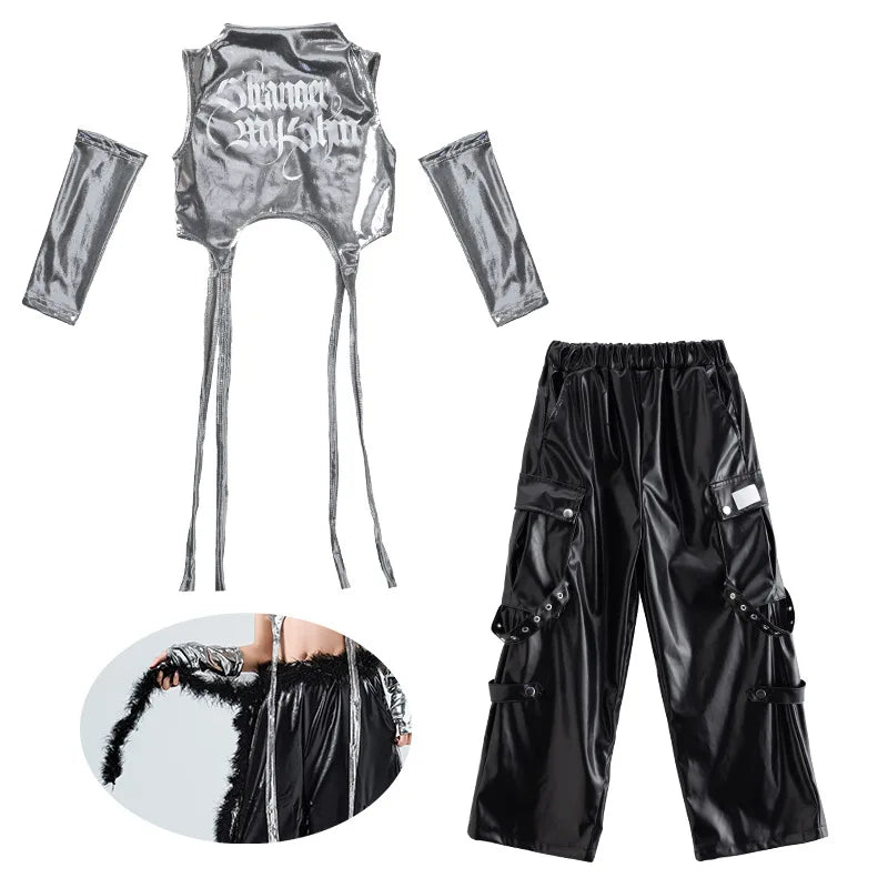 Girls Hip Hop Sets K-pop Silver Riband Crop Top Street Dance Leather Pants Kids Streetwear Child Jazz Costume Girl Group Clothes otakupop.store
