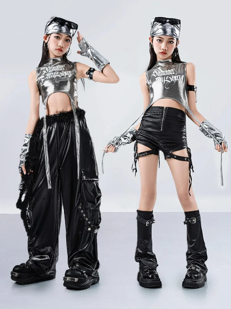 Girls Hip Hop Sets K-pop Silver Riband Crop Top Street Dance Leather Pants Kids Streetwear Child Jazz Costume Girl Group Clothes otakupop.store