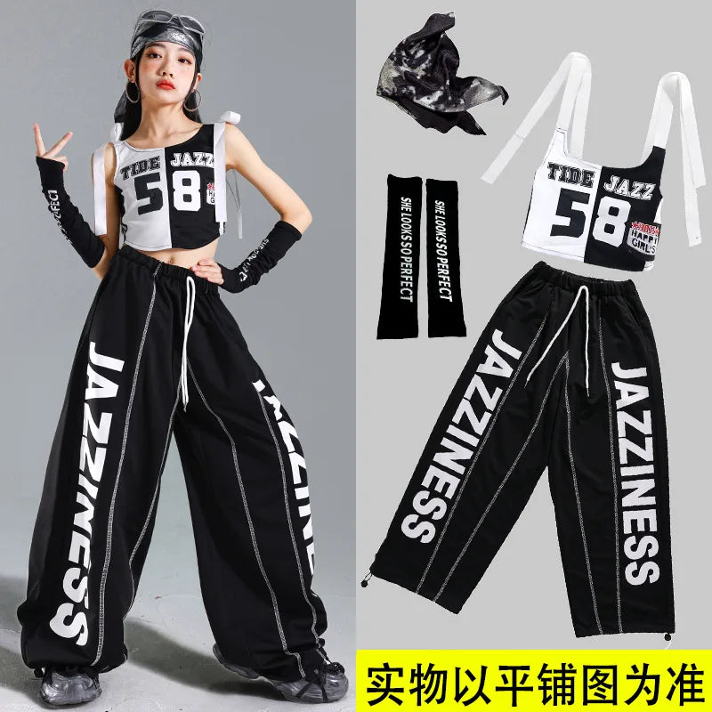 Hip Hop Girls One-shoulder Crop Top ‌Balloon Skirt Cargo Pants Children Streetwear Girl Group Costumes Kids K-pop Clothes Sets otakupop.store