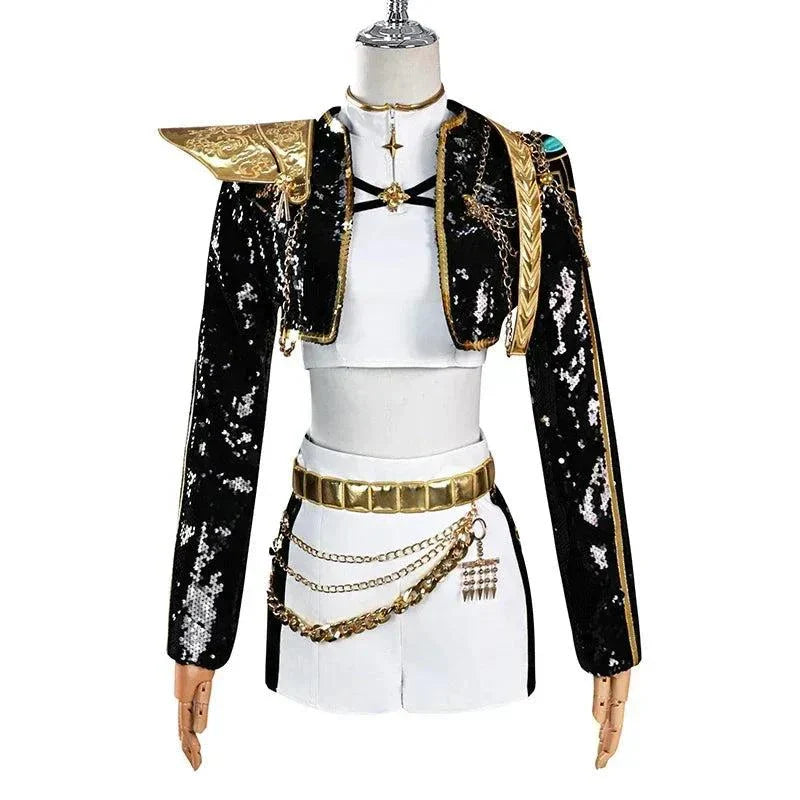 Femme en costume cosplay Rumi Zoey Demon Hunters K-pop avec perruque et tenue complète tailles variées