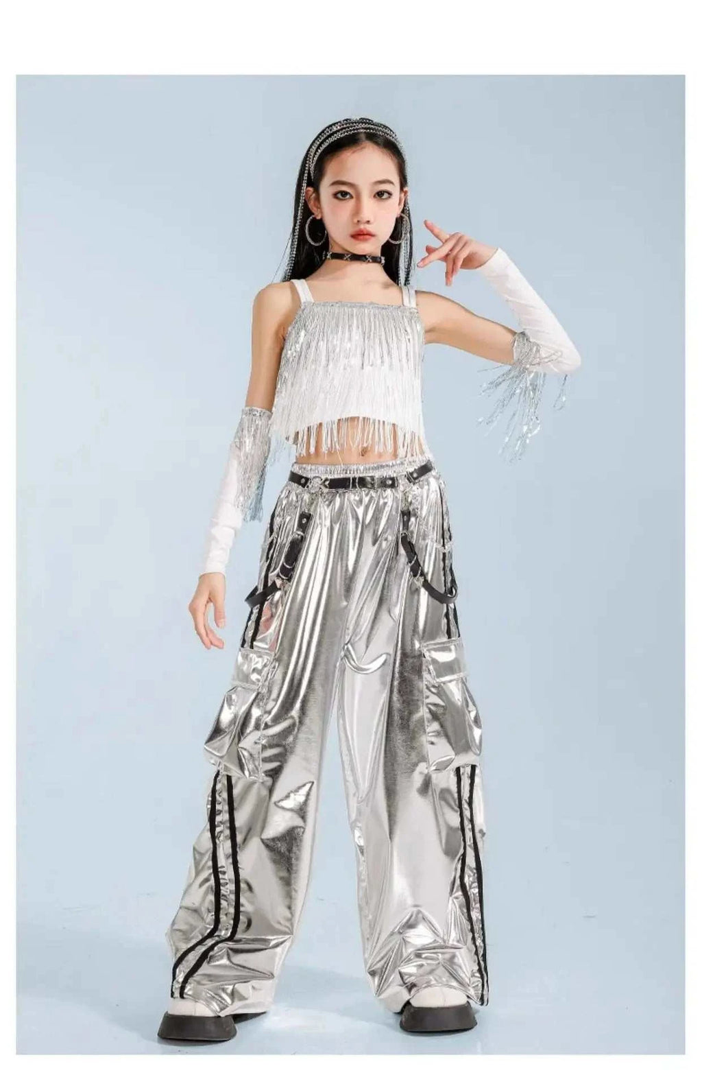 Hip Hop Clothing Girl Crop Sequined T-shirts Girls White Pants K-pop Hot Shorts Kids Streetwear Child Jazz Dance Clothes Set otakupop.store