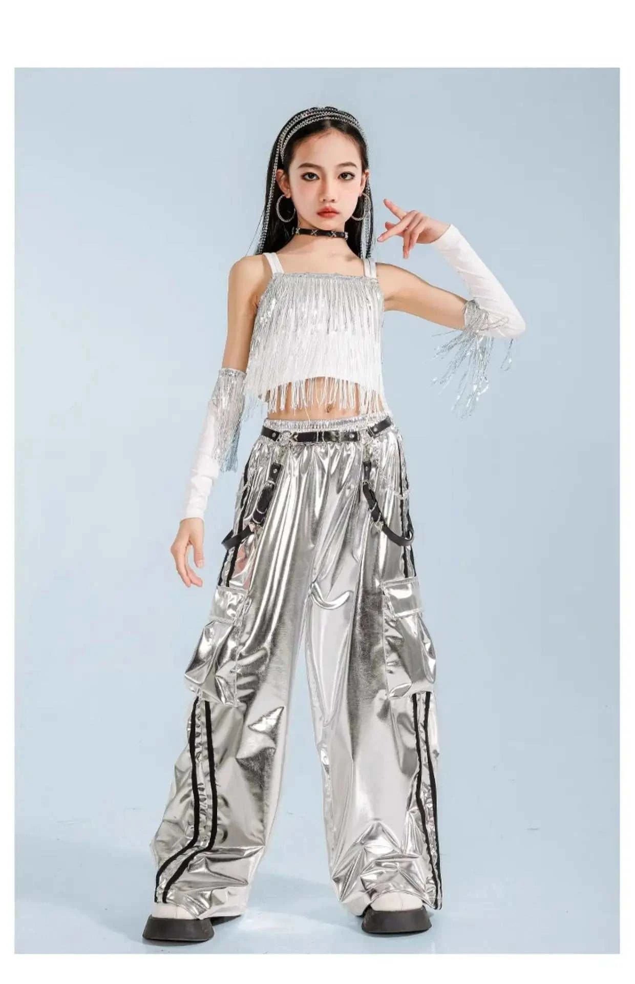 Hip Hop Clothing Girl Crop Sequined T-shirts Girls White Pants K-pop Hot Shorts Kids Streetwear Child Jazz Dance Clothes Set otakupop.store