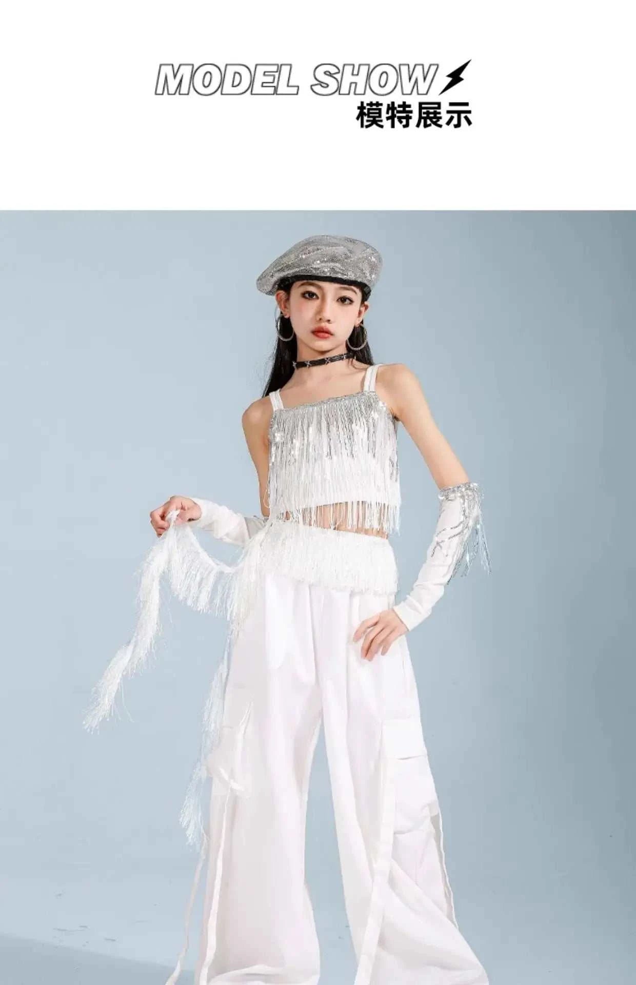 Hip Hop Clothing Girl Crop Sequined T-shirts Girls White Pants K-pop Hot Shorts Kids Streetwear Child Jazz Dance Clothes Set otakupop.store