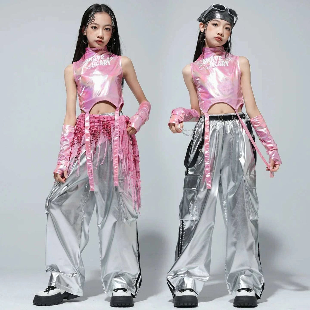 Kids Street Dance Jazz Performance Costumes Girls Hip Hop Clothes Fashion Catwalk Stage Shiny Sleeveless Crop Top Long Pant Suit otakupop.store