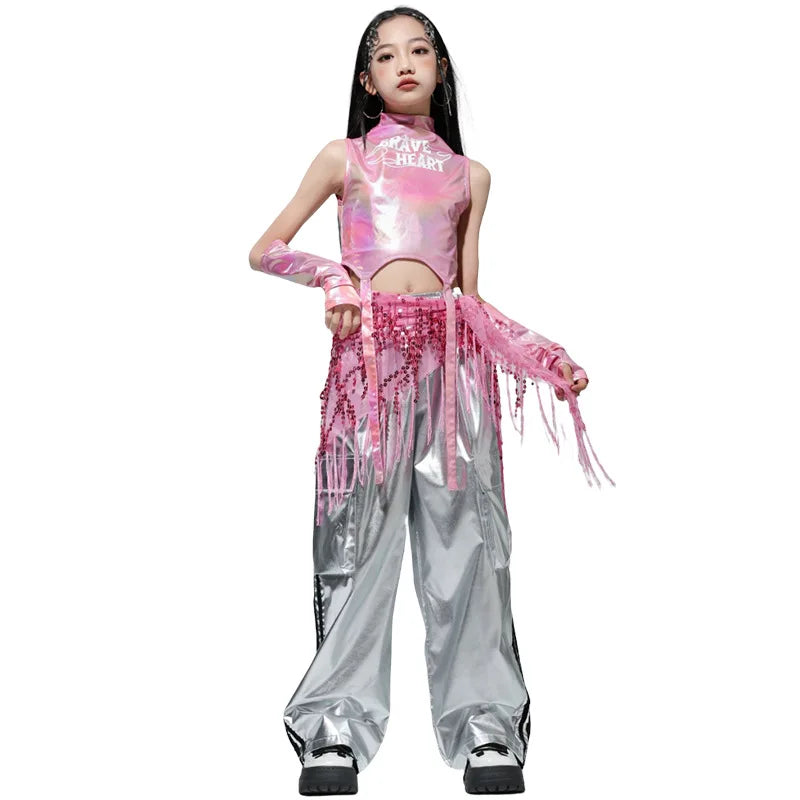 Kids Street Dance Jazz Performance Costumes Girls Hip Hop Clothes Fashion Catwalk Stage Shiny Sleeveless Crop Top Long Pant Suit otakupop.store