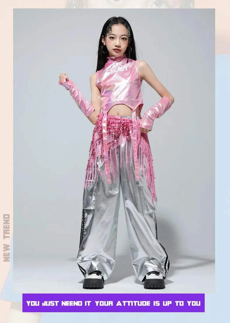 Kids Street Dance Jazz Performance Costumes Girls Hip Hop Clothes Fashion Catwalk Stage Shiny Sleeveless Crop Top Long Pant Suit otakupop.store