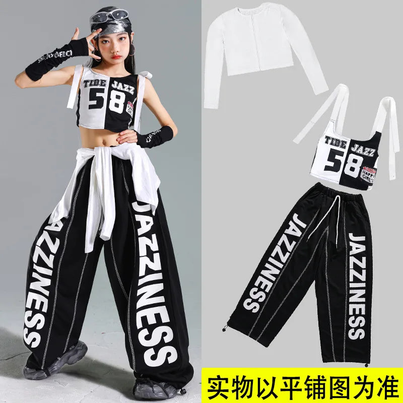 Hip Hop Girls One-shoulder Crop Top ‌Balloon Skirt Cargo Pants Children Streetwear Girl Group Costumes Kids K-pop Clothes Sets otakupop.store