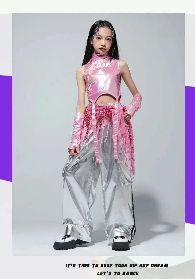 Kids Street Dance Jazz Performance Costumes Girls Hip Hop Clothes Fashion Catwalk Stage Shiny Sleeveless Crop Top Long Pant Suit otakupop.store