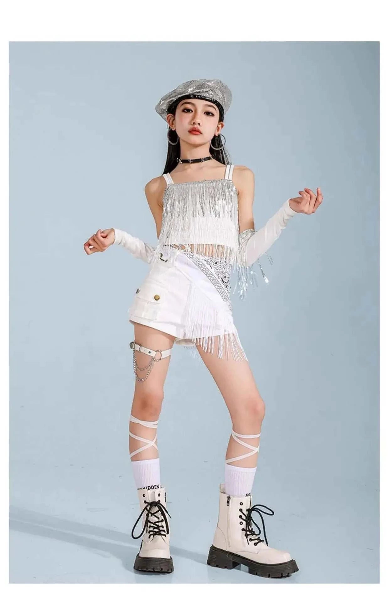 Hip Hop Clothing Girl Crop Sequined T-shirts Girls White Pants K-pop Hot Shorts Kids Streetwear Child Jazz Dance Clothes Set otakupop.store
